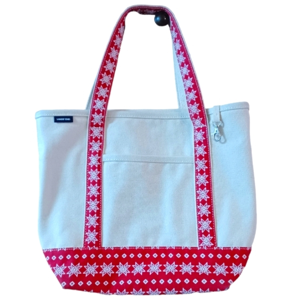 LANDS END Canvas White/Red Snowflake Pattern Heavy Duty Tote Bag w/Keychain